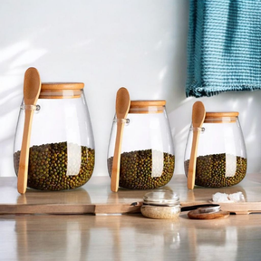 Kit 02 Pote De Vidro Oval 500ML 850ML 1100ML Tampa Bambu Hermético Com Colher SEM ADESIVO MIMI