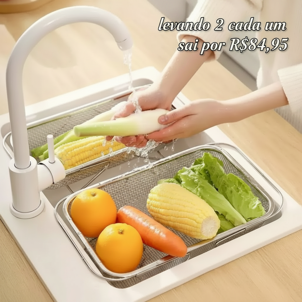 Escorredor de pia inox peneira Alça retrátil fruteira alimentos