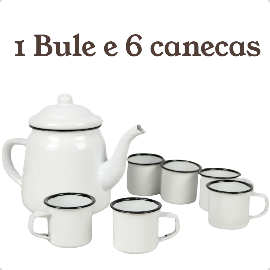 Chaleira Bule Esmaltado 1L Bico de Ganso e 6 Canecas 90ml Rústicas Conjunto ou Unitário