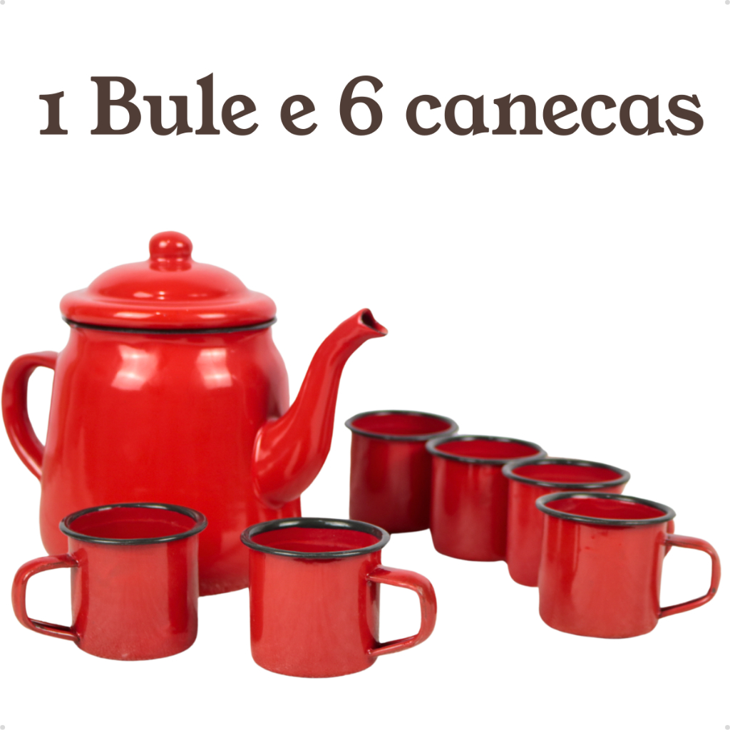 Chaleira Bule Esmaltado 1L Bico de Ganso e 6 Canecas 90ml Rústicas Conjunto ou Unitário