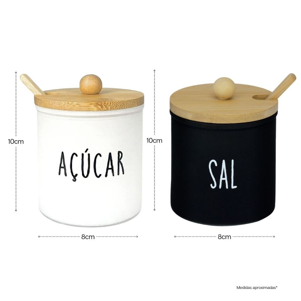 Kit de Saleiro + Açucareiro 300ml Com Tampa e Colher de Bambu Preto Branco Porta Sal Açucar