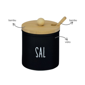 Kit de Saleiro + Açucareiro 300ml Com Tampa e Colher de Bambu Preto Branco Porta Sal Açucar