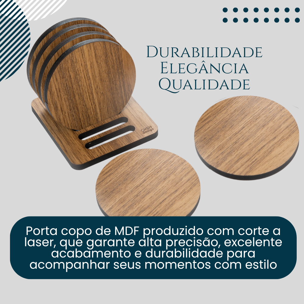 Bolacha Porta Copo Madeira Kit com 6 Peças Mais a Base, Porta Copo de Mesa, Descanso de Copo