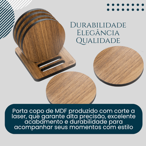Bolacha Porta Copo Madeira Kit com 6 Peças Mais a Base, Porta Copo de Mesa, Descanso de Copo