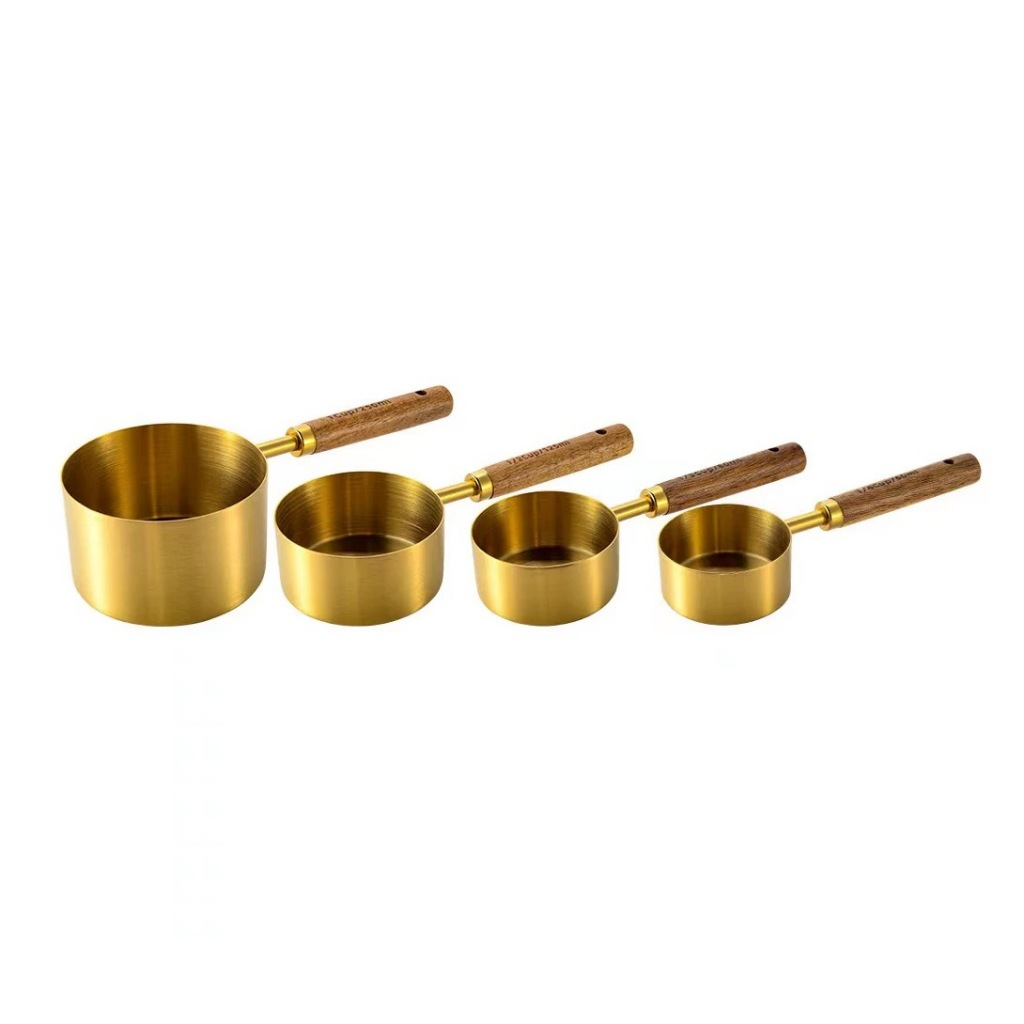 Colheres Medidoras de Aço Inoxidável com Cabo de Madeira – Dourado Luxo para Cozinha Moderna