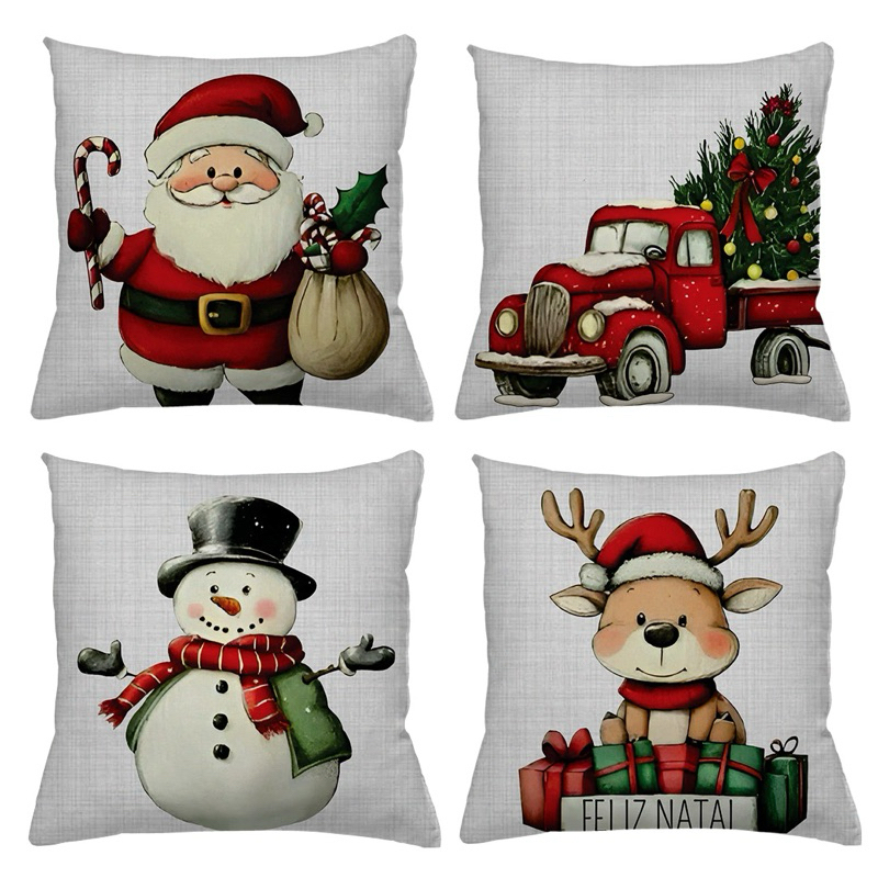 KIT 4 CAPAS DE ALMOFADAS DECORATIVAS NATAL PAPAI NOEL ,BONECO DE NEVE E RENA - TAMANHO 45X45
