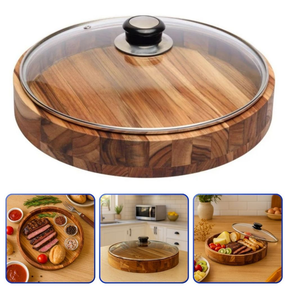 Gamela 30cm em Madeira Churrasco Porções com Tampa de Vidro