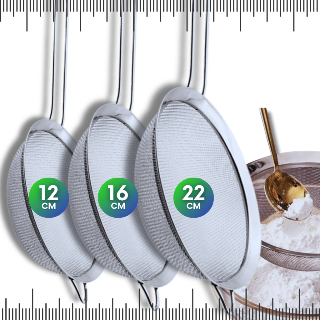 Kit 3 Peneiras Aço Inox 12/16/22cm Coador Farinha Suco Confeitaria
