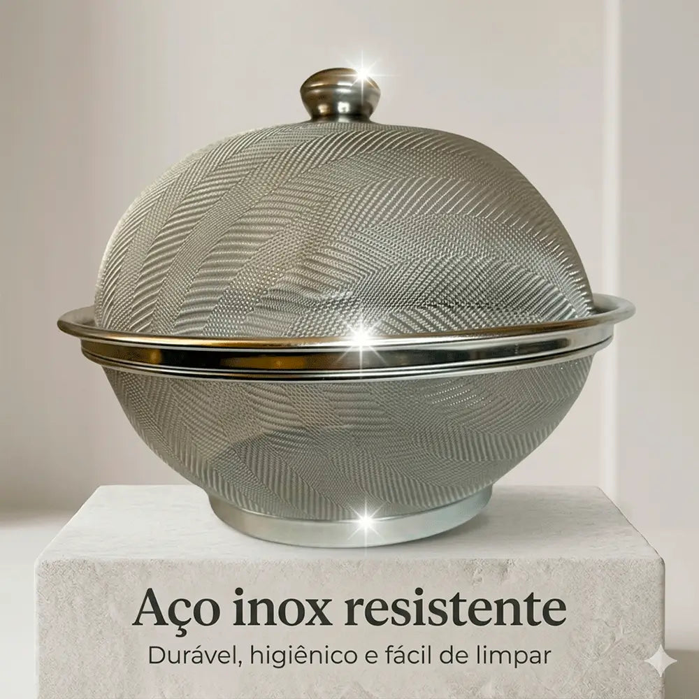 Fruteira de Mesa Inox com Tampa Telada Protetora de Alimentos Cesta Aramada Redonda