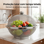 Fruteira de Mesa Inox com Tampa Telada Protetora de Alimentos Cesta Aramada Redonda