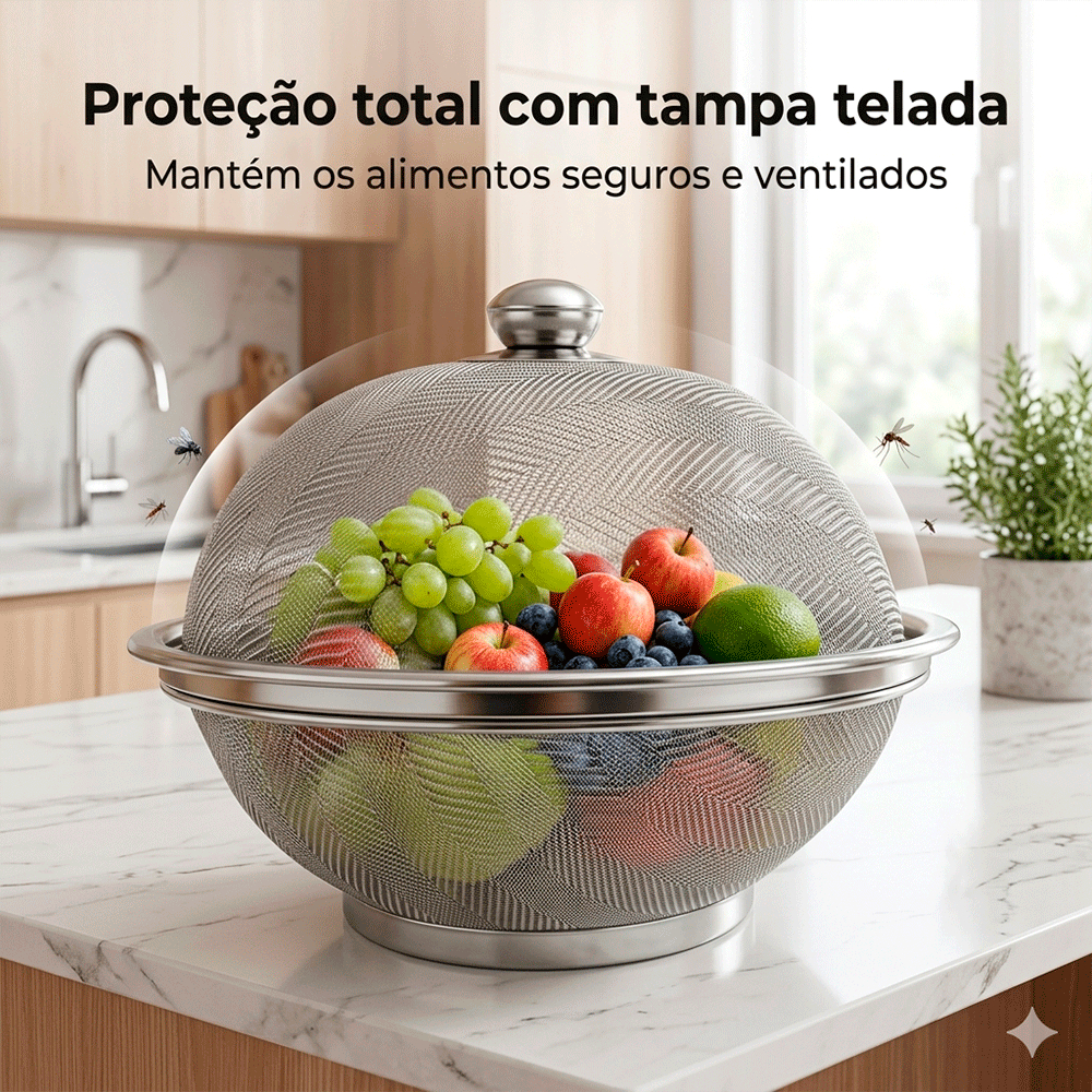 Fruteira de Mesa Inox com Tampa Telada Protetora de Alimentos Cesta Aramada Redonda