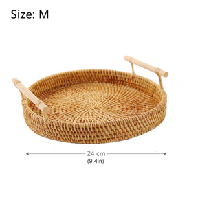 Bandeja de Vime Redonda com Alça de Madeira