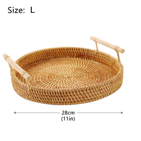 Bandeja de Vime Redonda com Alça de Madeira