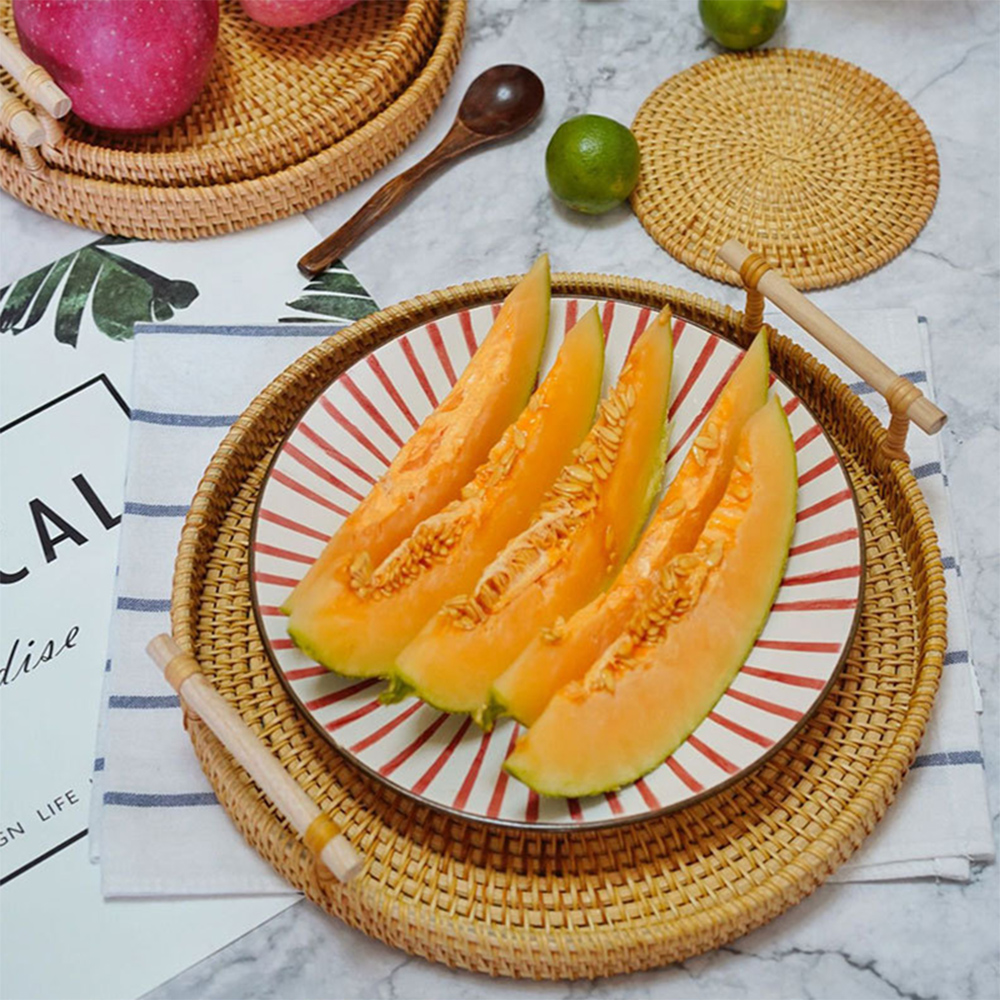 Bandeja De Vime Redonda , Cesta De Armazenamento Com Alça De Madeira Para Pão , Bolo De Frutas , Prato De Comida , Servi