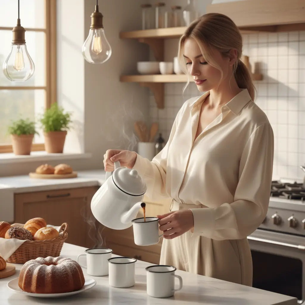 Chaleira Bule Esmaltado 1L Bico de Ganso e 6 Canecas 90ml Rústicas Conjunto ou Unitário