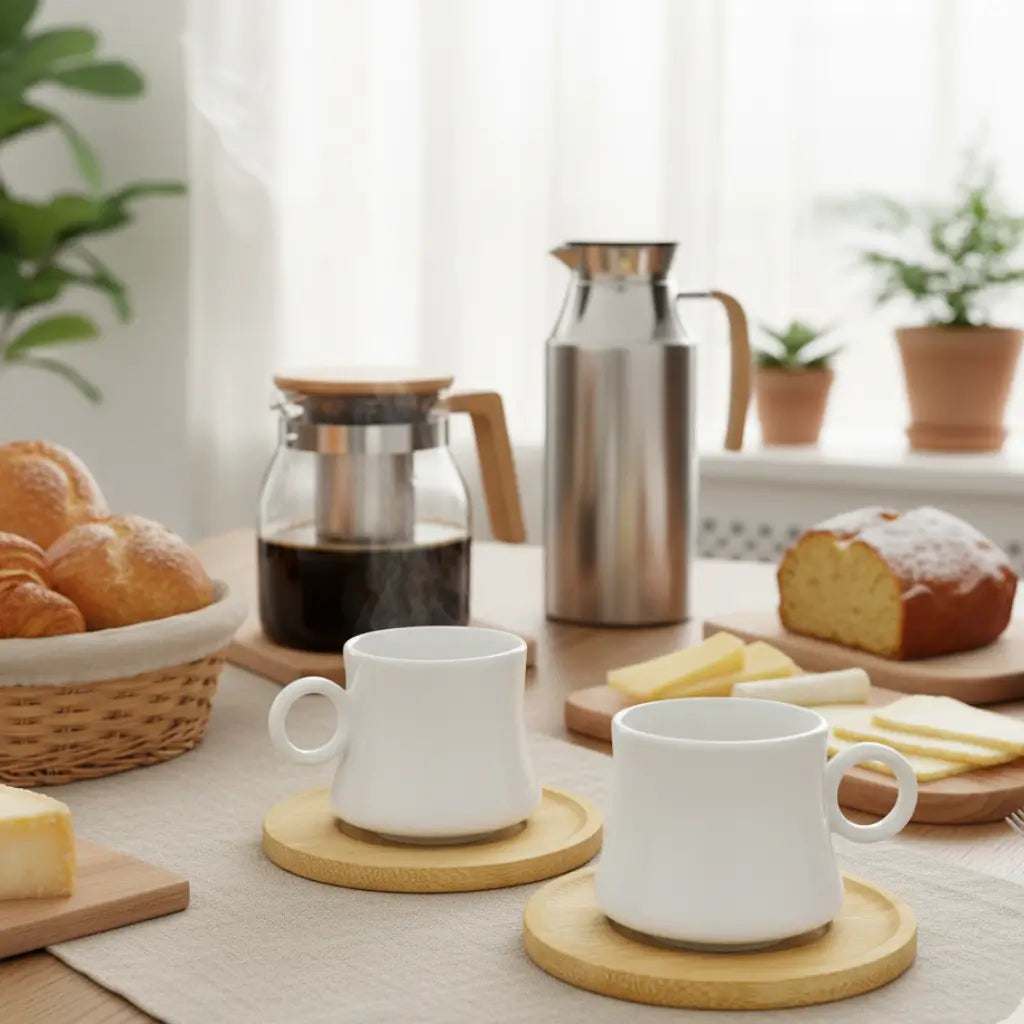 Jogo de Xícaras Café Porcelana com Pires de Bambu 2pçs