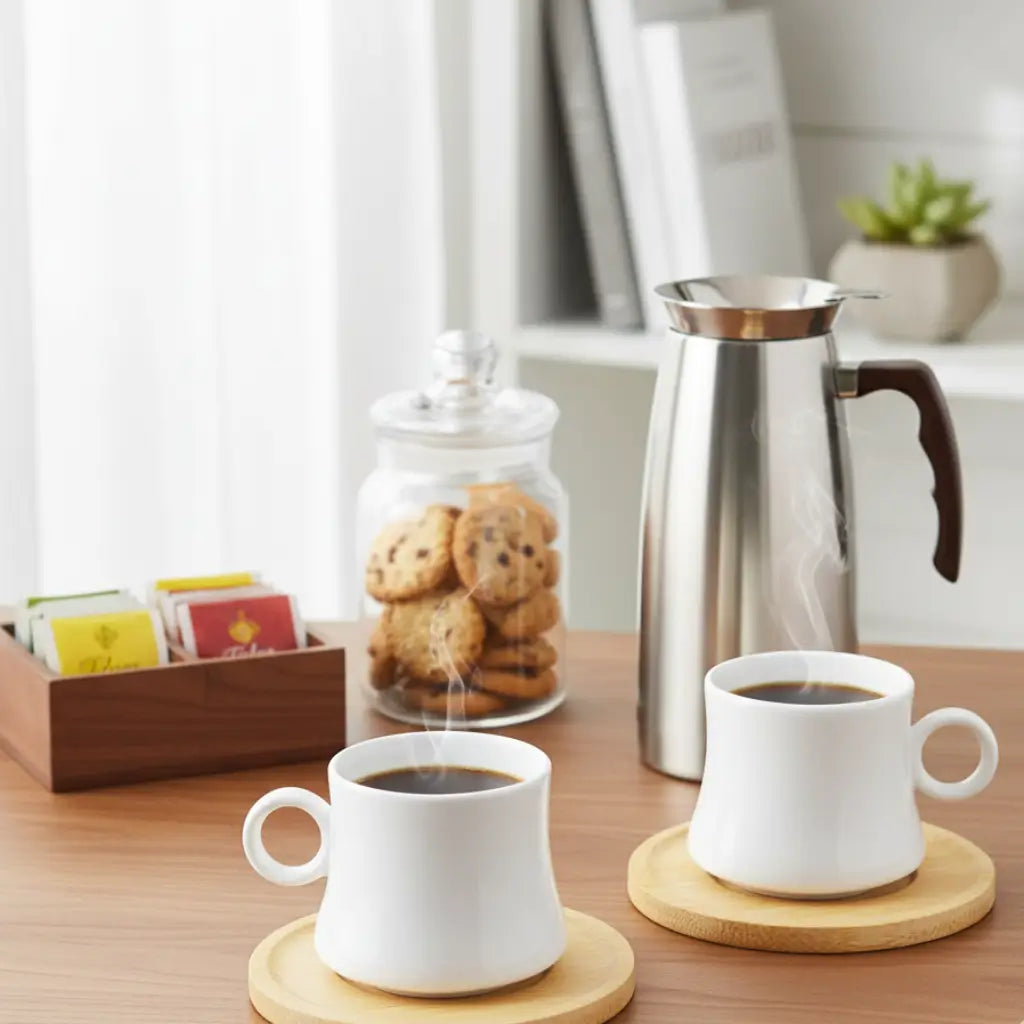 Jogo de Xícaras Café Porcelana com Pires de Bambu 2pçs