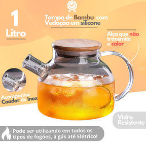 Chaleira de Vidro 1 Litro Tampa de Bambu Premium Borossilicato Bule com infusor Resistente a Calor de ir Ao Fogo