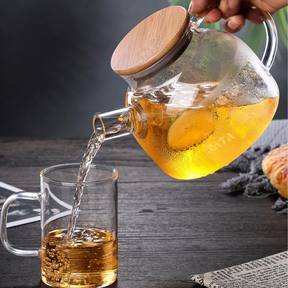 Chaleira de Vidro 1 Litro Tampa de Bambu Premium Borossilicato Bule com infusor Resistente a Calor de ir Ao Fogo