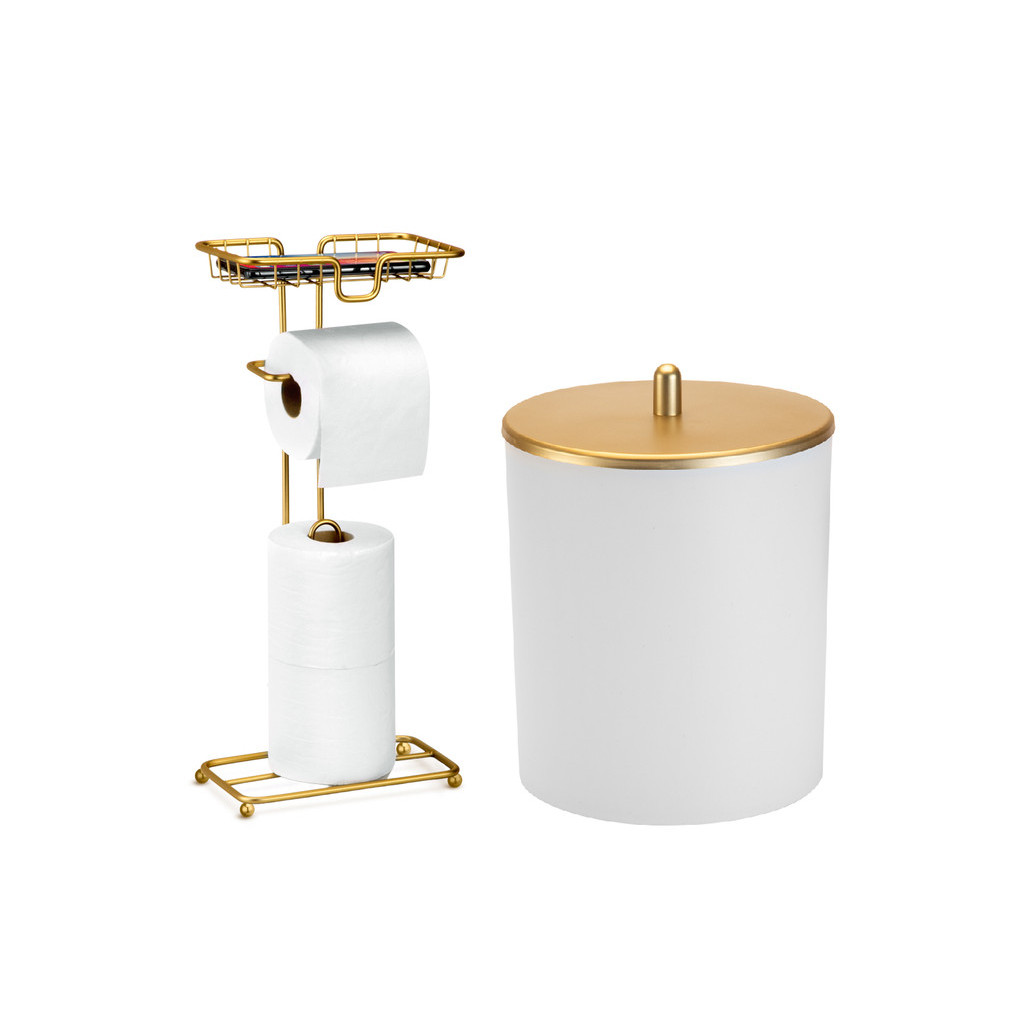 Kit Lavabo Lixeira + Porta Papel Higiênico Celular Dourado Luxo Arthi