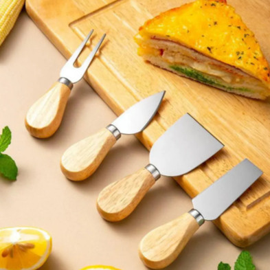Jogo De Corta Queijo Provolone E Parmesão - 4 Peças Inoxidável Jogo De Utensílios Facas Espatula Garfo Com Cabo De Bambu