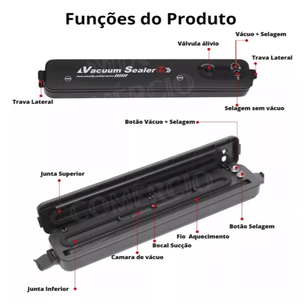 Máquina Seladora Embalagem A Vácuo Portátil Alimentos Bivolt Elétrica Embala Conservação + 10 Sacos