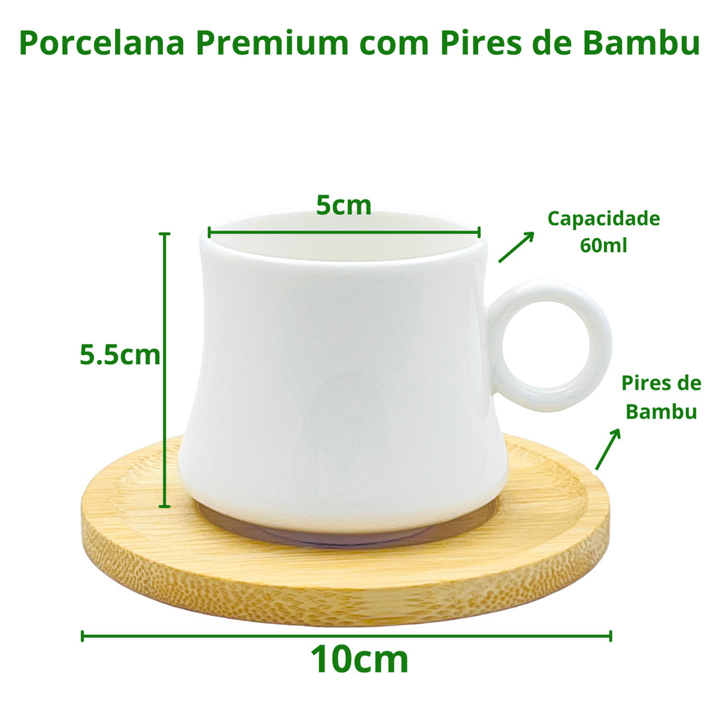Jogo de Xícaras Café Porcelana com Pires de Bambu 2pçs 60ml 2° Linha