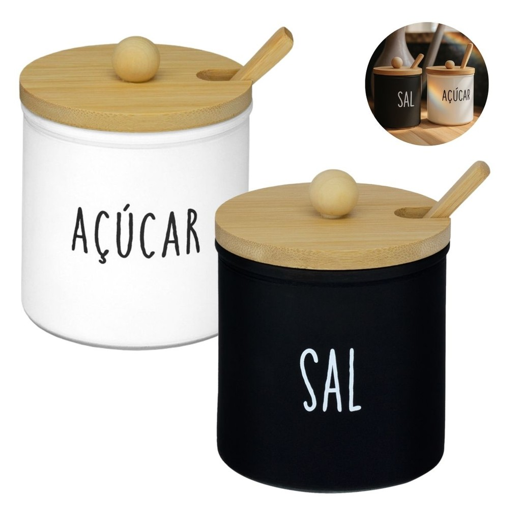 Kit Saleiro & Açucareiro 300 ml com Tampa e Colher de Bambu – Preto/Branco