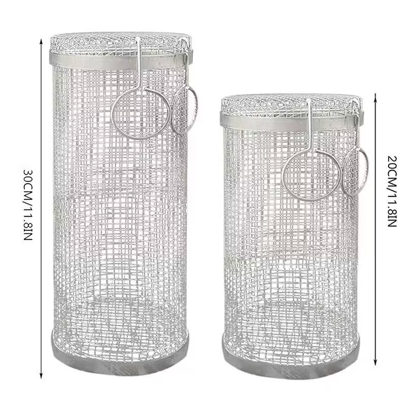 Grelhador Portátil de Exterior em Aço Inoxidável com Cesto de Grelhar Redondo em Malha Metálica para Transportar.