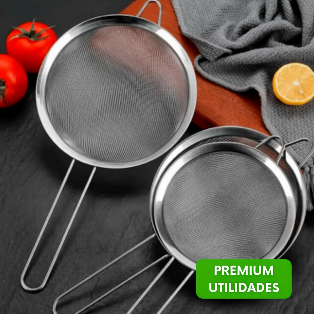 Kit 3 Peneiras Aço Inox 12/16/22cm Coador Farinha Suco Confeitaria