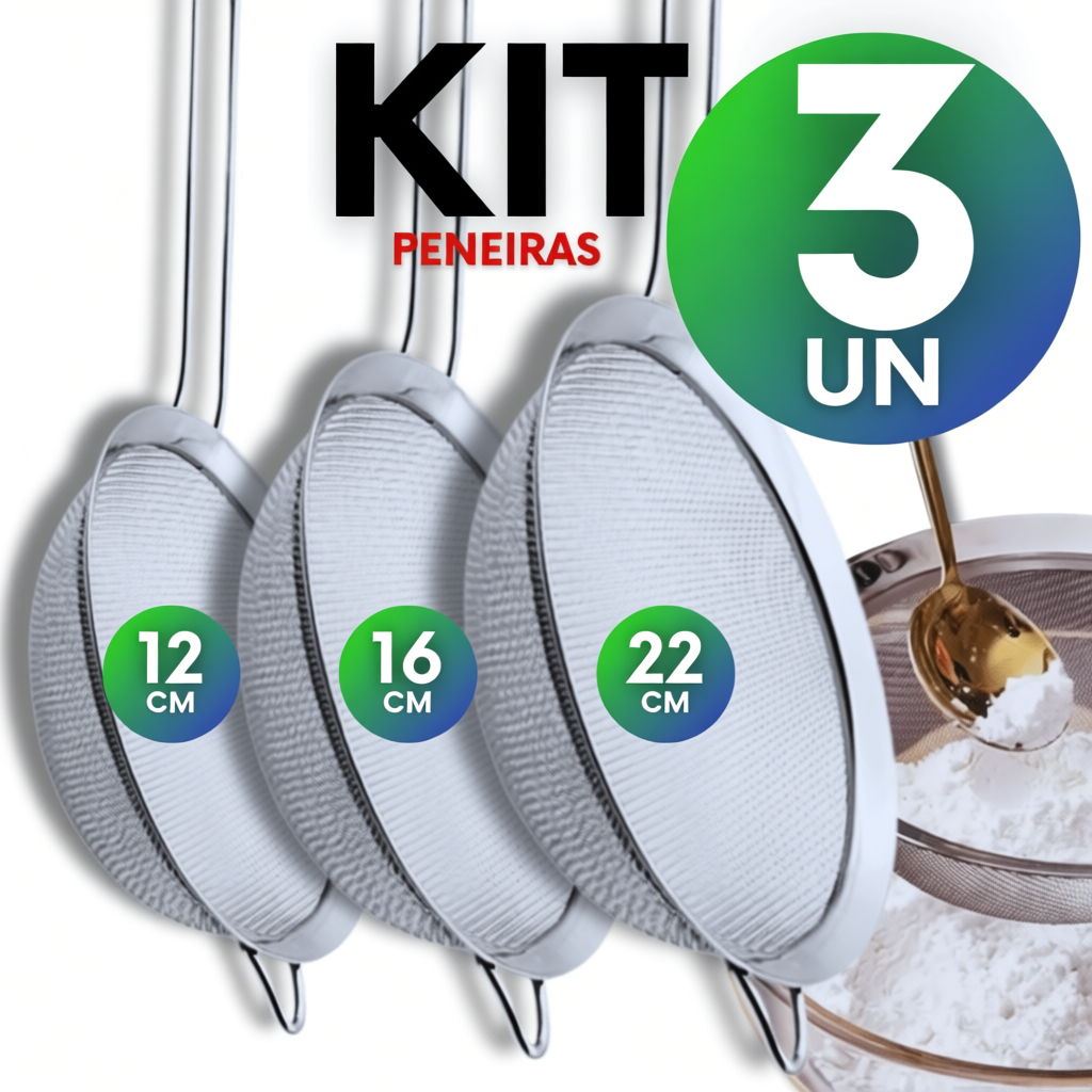 Kit 3 Peneiras Aço Inox 12/16/22cm Coador Farinha Suco Confeitaria