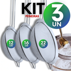 Kit 3 Peneiras Aço Inox 12/16/22cm Coador Farinha Suco Confeitaria