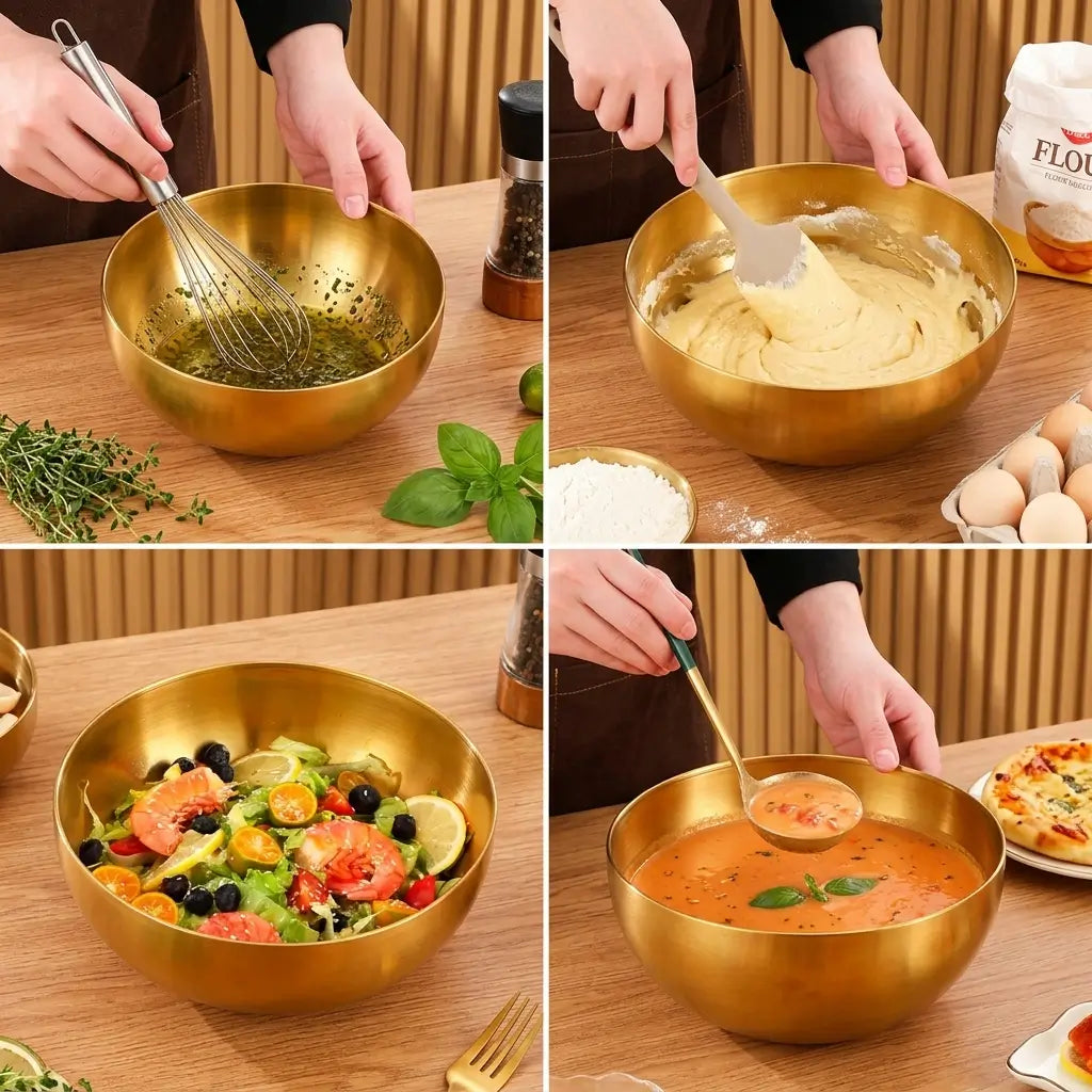 Tigelas de salada de aço inoxidável de grande capacidade, sopa coreana, arroz, macarrão, ramen, recipiente de comida de cozinha, ouro, 20x9cm